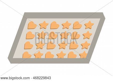 Cookies Of Various Shapes On Baking Sheet. Home Baking And Making Desserts. Vector Illustration Isol
