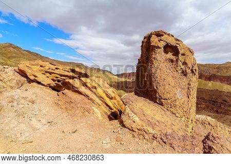 Winter View Of Rock Formation And The Arava Desert Valley Landscape Near The Shkhoret Canyon, Southe