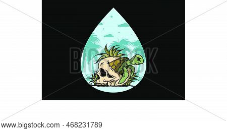 Illustration Design Of The Sea Turtle In The Skull Shape With Several Grass