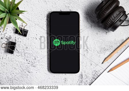 Antalya, Turkey - January 03, 2023: Iphone Smart Phone Screen Showing Spotify Logo