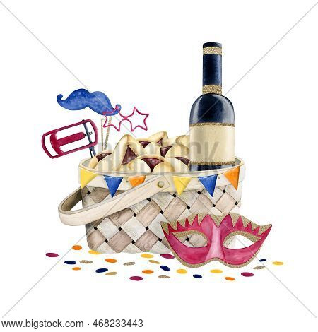 Purim Mishloah Manot, Food Basket Watercolor Illustration Isolated On White Background With Wine, Ha