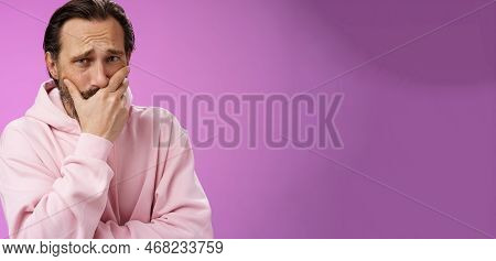 Shocked Upset Handsome Mature Bearded Man Hear Terrible News Griefing Suffer Sorrow Express Empathy 