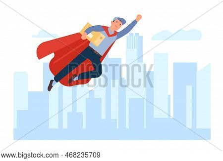 Super Fast Delivery. Superhero Flying With Parcel. Order Shipping. Worker In Red Cape. Cardboard Box