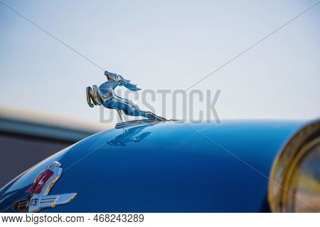 Kiev, Ukraine - April 26, 2015: The Retro Oldcarfest In Kiev. Logo Car Volga Gaz-21 Close-up.