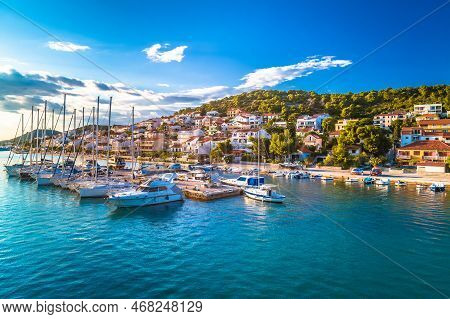 Coastal Town Of Tisno Scenic Harbor And Coastline View, Bridge To Island Of Murter, Dalmatia, Croati