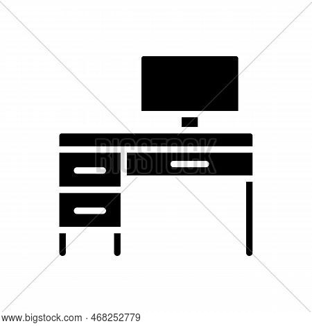 Writing Table Black Glyph Icon. Home Office. Desk With Computer. Modern Contemporary Home Furniture 