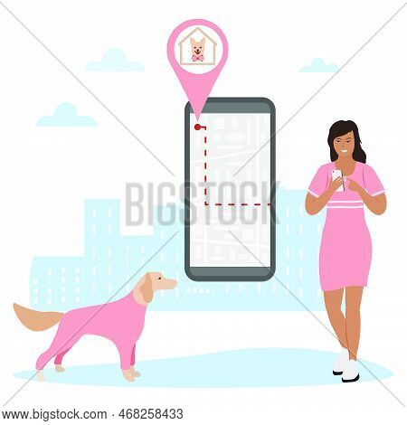 Vector Illustration Woman Uses Application On Cell Phone For Search The Dog Shelter, Pet Hotel, Hote