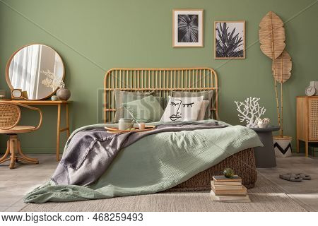 Stylish Bedroom Interior Design With Mock Up Poster Frames, Bed, Side Table, Rattan Commode, Vanity 