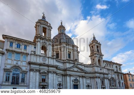 Santagnese In Agone In Piazza Navona. Historic Landmark In Rome, Italy. Cloudy Sky.