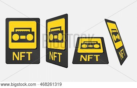 3d Token Nft Cards In Crypto Artwork. Nft Card With Music In Perspective, Top View In Isometric And 