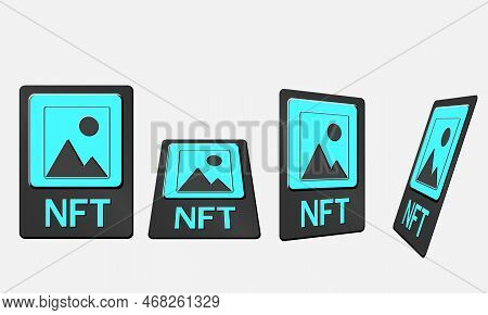 3d Token Nft Cards In Crypto Artwork. Nft Card With Art In Perspective, Top View In Isometric And Fr