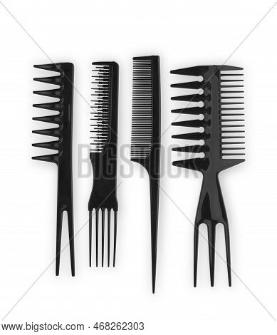 Black Combs Isolated On White Set, Tress, On, Cut, Concept, Black, Hairstyle, Group,