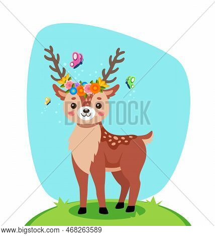 Cute Comic Deer With Flower Crown On Hill Vector Illustration. Cartoon Drawing Of Adorable Wild Anim