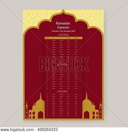 Ramadan Calendar Design 2023. Calendar Mockup Template, Islamic Calendar Dua And Time Table Schedule