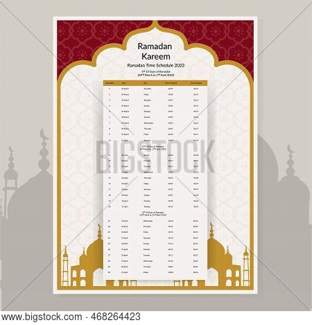 Ramadan Calendar Design 2023. Calendar Mockup Template, Islamic Calendar Dua And Time Table Schedule