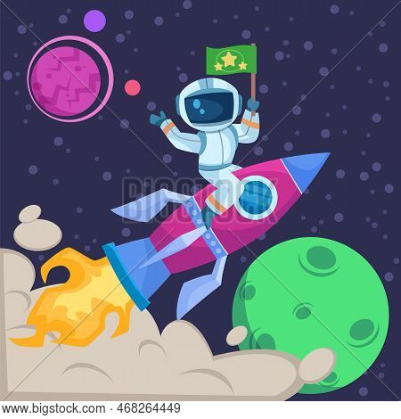 Astronaut With Flag Riding Rocket In Space Vector Illustration. Cartoon Drawing Of Spaceman Sitting 