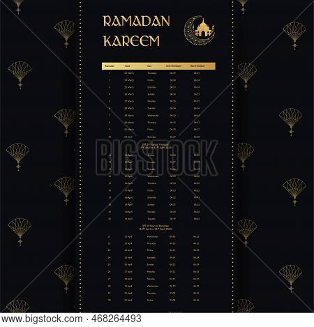 Ramadan Calendar Design 2023. Calendar Mockup Template, Islamic Calendar Dua And Time Table Schedule