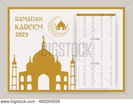 Ramadan Calendar Design 2023. Calendar Mockup Template, Islamic Calendar Dua And Time Table Schedule