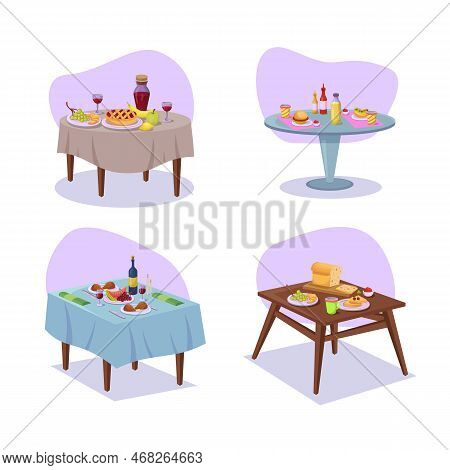 Food On Tables With And Without Cloth Vector Illustrations Set. Cartoon Drawings Of Different Meals,