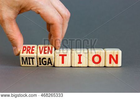 Prevention Or Mitigation Symbol. Businessman Turns Cubes And Changes The Concept Word Mitigation To 