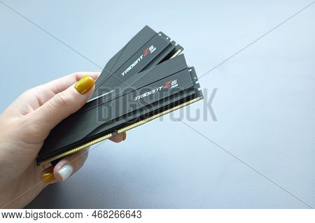 A Package Of G.skill Ddr 5 Trident Z 5 Rgb Desktop Memory On Light Background.