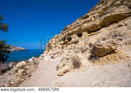 Famous Matala Beach With Caves, Known For Hippies In The 70's.