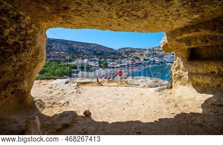 Famous Matala Beach With Caves, Known For Hippies In The 70's.