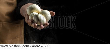 Cheesemaker, Showing Freshly Made Mozzarella. The Homemade Cheese Maker Produces Caciocavallo. Pasta