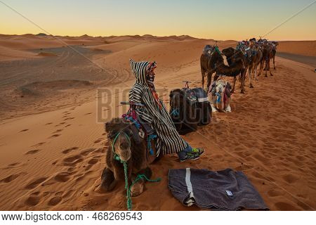 Sahara Desert, Morocco, 09 Th February, 2017: Morocco Moroccosand Dunes In The Sahara Desert. Morocc