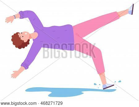 Woman Slip On Wet Floor. Fall Down Hazard Isolated On White Background
