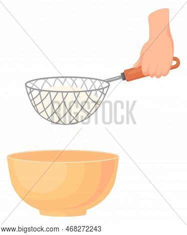 Flour Sifting Icon. Cartoon Sifter In Human Hand Isolated On White Background