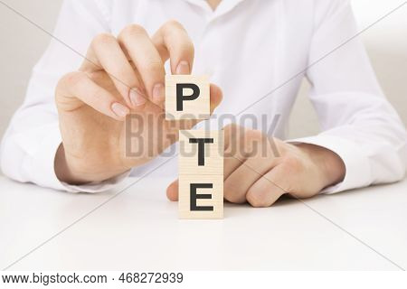 Hand Holding Wood Cube Block With Pte Text, Business Concept