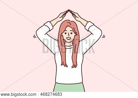 Cheerful Woman Depicts Roof Over Head With Hands, Symbolizing Security And Inviolability. Positive G