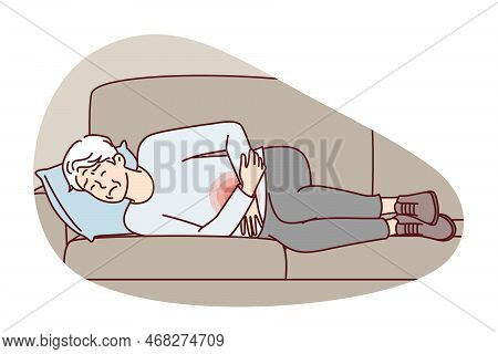 Elderly Human Is Experiencing Pain In Stomachs And Weakness After Food Poisoning Lies On Couch With 