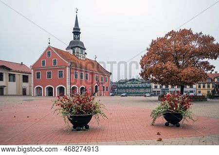 View To The Bauska Town Hall And Market Square In Historical Center In Autumn. Bauska, Latvia.