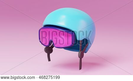 Stylized Blue Skiing Helmet And Pink Googgles. 3d Graphic. Winter Break.