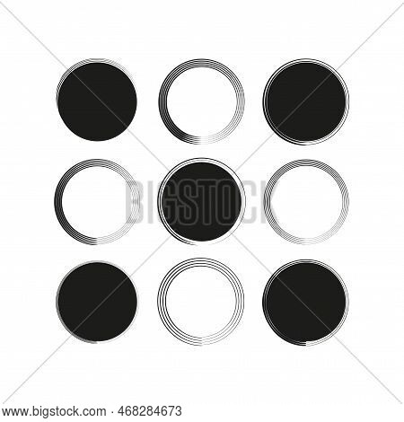 Brush Circles In Line Art Style. Round Frame Set. Grunge Texture. Vector Illustration. Stock Image.