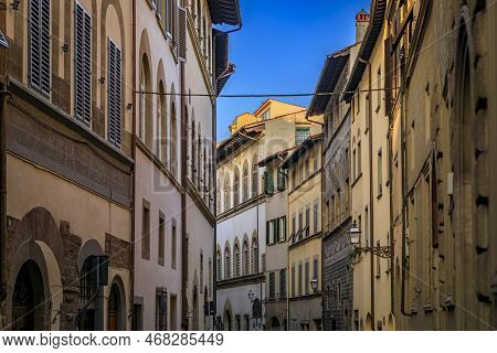 Gothic Buildings On A Narrow Street In Centro Storico Of Florence, Italy