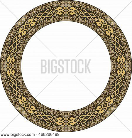 Vector Golden Round Belarusian National Ornament. Ethnic Circle Gold Border, Slavic Peoples Frame.
