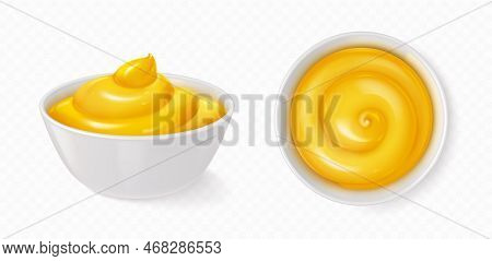 Realistic White Bowl With Dijon Mustard Or Sweet Honey Isolated On Transparent Background. Vector Il