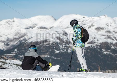 Grandvalira, Andorra : 2023 2 January :  Skier On The Slopes Of Grandvalira In Andorra In Winter 202