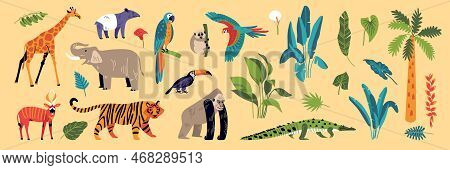 Jungle Color Set With Isolated Icons Of Flora And Fauna Animal Species And Exotic Rainforest Plants 