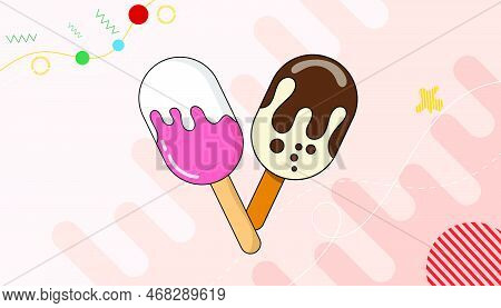 Chocolate Ice Cream With Strawberry Sticks Holding On Pink Background Sweet Ice Cream Background Vec