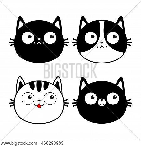 White Black Cat Face Head Line Contour Silhouette Icon Set. Cute Cartoon Funny Character. Different 