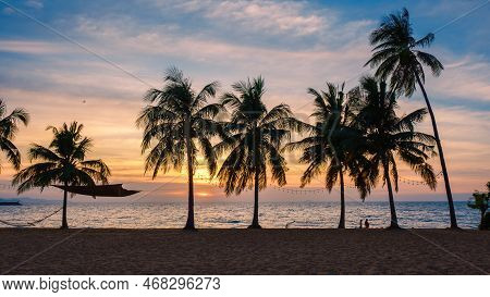 White Tropical Beach During Sunset In Pattaya Najomtien. Palm Trees At The Beach During Sunset