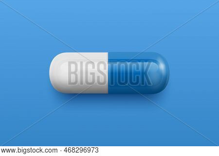 Vector 3d Realistic Blue And White Pharmaceutical Medical Pill, Capsule, Tablet On Blue Background. 
