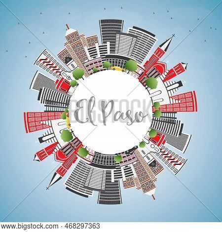 El Paso Usa Skyline With Gray Buildings, Blue Sky And Copy Space. Vector Illustration. Business Trav