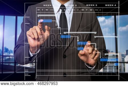 Project Manager Working And Update Tasks With Milestones Progress Planning And Gantt Chart Schedulin