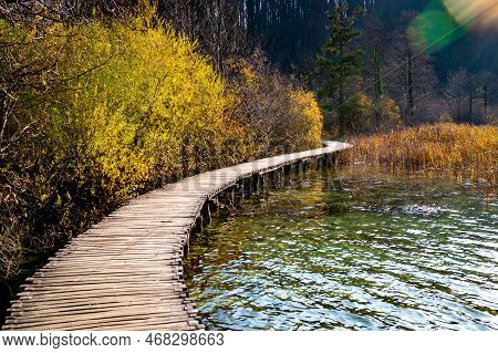 Plitvice Lakes National Park During Colorful Autumn, Croatia, Europe. Fall Colors Leafs On Trees. Wa