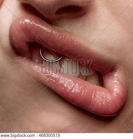 Making Faces. Close-up Expressive Female Mouth With White Straigh Teeth Grimacing. Sensual Womans Li